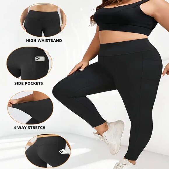 Womens Plus High Waist Yoga Leggings w/Pockets Stretchy Black Sizes 1X-3X - Picture 1 of 3